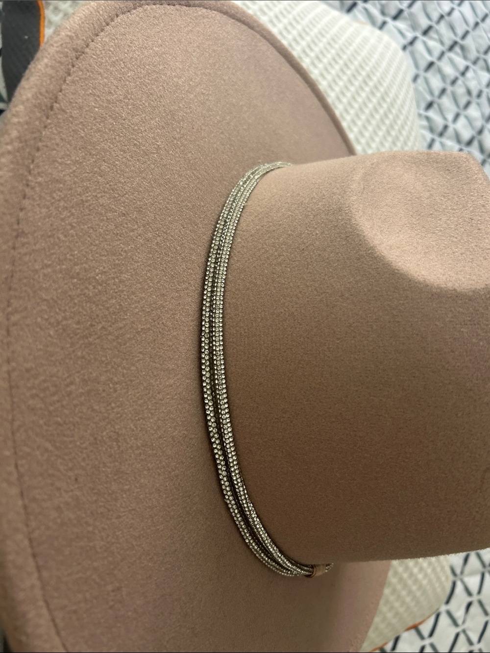 Wide Brim Felt Fedora with Rhinestone Band in Taupe On SALE - Picture 4 of 5
